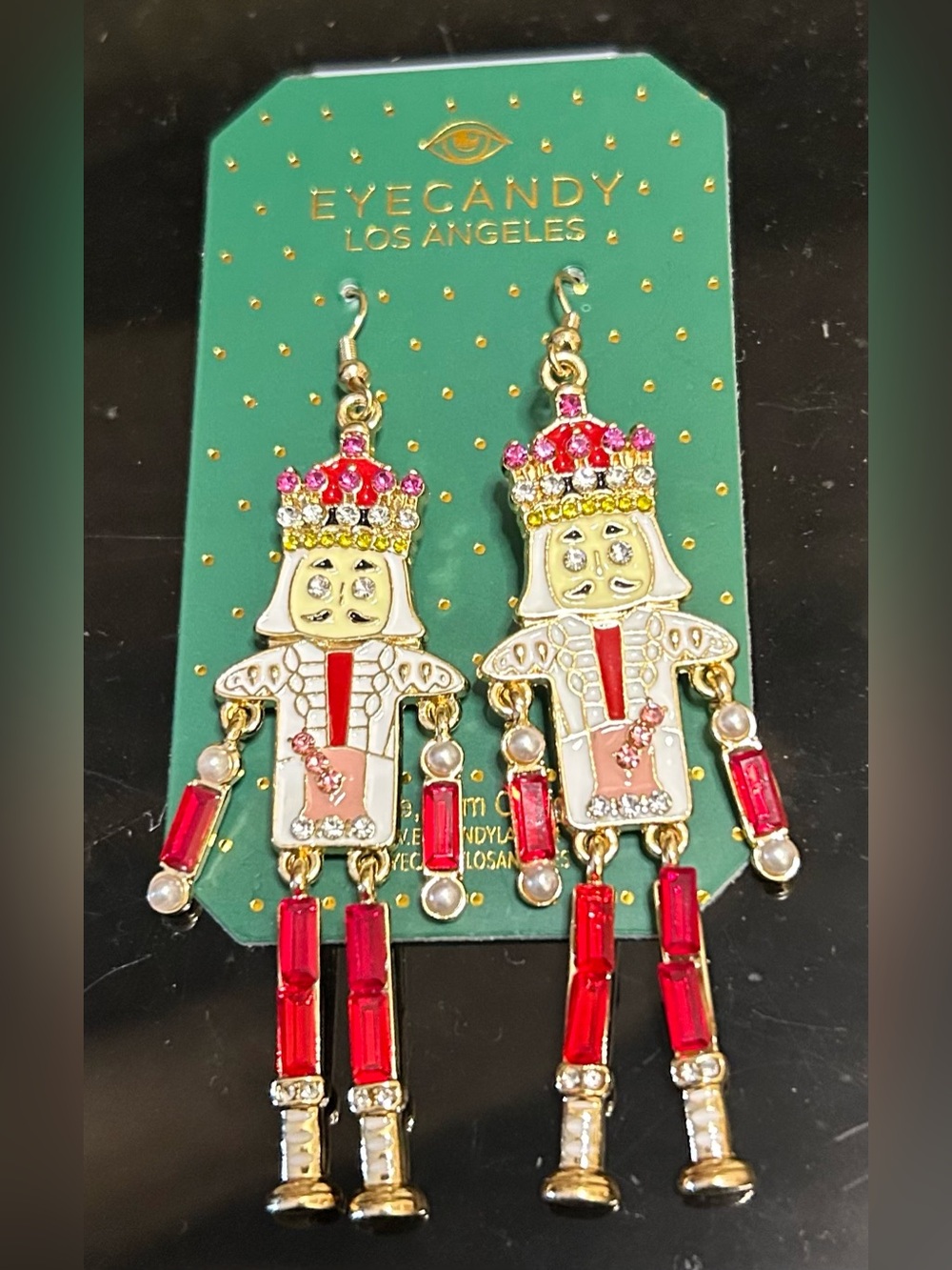 EYE CANDY Gold & Red Nutcracker Drop Christmas Earrings